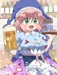  1girl :d apron beer_mug blue_shirt blush collared_shirt commentary_request commission contrast_collar cowboy_shot cup food green_eyes hair_between_eyes highres holding holding_cup holding_tray indoors mug okunoda_miyoi open_mouth pink_hair pixiv_commission plate purple_skirt rokugou_daisuke shirt short_hair short_sleeves skirt smile solo touhou tray waist_apron whale_hat white_apron 