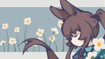  1girl amiya_(arknights) animal_ears anime_coloring arknights ascot blue_ascot blue_collar brown_hair closed_eyes collar flower high_ponytail highres hood hooded_jacket jacket long_hair looking_down niketup98 ponytail poppy_(flower) portrait rabbit_ears rabbit_girl solo upper_body 