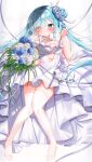  absurdres ayayayu_na azur_lane blue_eyes blue_flower blue_hair blush bouquet breasts closed_mouth clothing_cutout dress eyes_visible_through_hair flower frilled_dress frills hair_flower hair_ornament hair_over_one_eye highres holding holding_bouquet janus_(azur_lane) janus_(oath_under_the_morning_sun)_(azur_lane) looking_at_viewer navel navel_cutout official_alternate_costume simple_background small_breasts smile thighhighs wedding_dress white_background white_dress white_flower white_thighhighs 