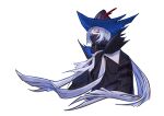  1boy absurdres arknights black_hat black_jacket blue_hat chinese_commentary chromatic_aberration commentary_request covered_mouth grey_hair hair_intakes hat high_collar highres jacket long_hair male_focus mask mouth_mask ninja_mask red_eyes simple_background solo two-sided_fabric two-sided_headwear ulpianus_(arknights) watermark white_background withmeblazar 
