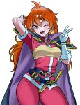  1girl black_cape cape commentary commission english_commentary fang gloves highres lina_inverse long_hair looking_at_viewer one_eye_closed orange_hair purple_cape red_eyes short_sleeves simple_background slayers smile solo two-tone_cape v very_long_hair white_background white_gloves zeon_(zzeeonn) 