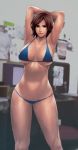  absurdres armpits arms_up bikini blue_bikini breasts brown_eyes brown_hair cirenk cleavage commentary english_commentary highres kazama_asuka large_breasts lips looking_at_viewer nose short_hair solo standing swimsuit tekken traditional_media underboob watercolor_(medium) 