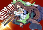  1girl arm_cannon black_thighhighs black_wings bow breasts brown_hair character_name clip_studio_paint_(medium) commentary_request english_text frilled_skirt frills green_bow green_skirt hair_bow large_breasts long_hair looking_at_viewer open_mouth orange_eyes outstretched_arm reaching reaching_towards_viewer red_background reiuji_utsuho shirt skirt solo thighhighs third_eye touhou umigarasu_(kitsune1963) weapon white_shirt wings 