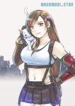  1girl animal animal_on_shoulder bare_shoulders black_gloves black_skirt black_sports_bra bracelet breasts brown_hair cat closed_mouth commentary_request cowboy_shot crop_top earrings elbow_gloves final_fantasy final_fantasy_vii final_fantasy_vii_remake fingerless_gloves gloves grey_background hand_on_own_hip jewelry large_breasts long_hair looking_at_viewer maru_(ff7) materia midriff miniskirt navel pleated_skirt red_eyes single_arm_guard single_earring skirt smile sports_bra stargeyser suspender_skirt suspenders swept_bangs tank_top tifa_lockhart twitter_username white_cat white_tank_top 