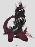 3:4 anthro black_sclera bottomwear bound button_(fastener) chain chained clothed clothing cuff_(restraint) curvy_figure dark_hair ear_piercing female fin fin_piercing fish furgonomics furry-specific_piercing grey_clothing hair hale. hands_above_head hi_res highlights_(coloring) hourglass_figure inner_thigh insignia kneeling leg_muscles looking_at_viewer marine markings messy_hair narrowed_eyes office_clothing one_eye_obstructed orange_eyes panties piercing red_body red_skin restrained restraints rose_(kamikazekit) shark shirt skirt small_waist solo spread_legs spreading suit suit_jacket topwear underwear upskirt vest white_markings wide_hips wrist_cuffs