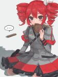  1girl baguette belt black_belt black_sleeve_cuffs bow bread buttons commentary_request dorayaki double-breasted drill_hair eating fingernails food grey_background grey_skirt hair_between_eyes hair_bow hair_ribbon highres holding holding_food jacket kasane_teto kasane_teto_(sv) khzillust kneeling layered_skirt layered_sleeves long_sleeves looking_at_viewer musical_staff musical_staff_print red_eyes red_hair red_nails red_skirt ribbon shadow shoulder_belt shoulder_boards skirt solo striped_clothes striped_jacket striped_skirt synthesizer_v twin_drills utau wagashi white_bow white_ribbon 