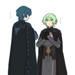  2boys armor armored_gloves black_cape black_gloves blue_aura blue_eyes cape crossed_arms dual_persona fire_emblem fire_emblem:_three_houses fire_emblem_engage gloves green_eyes green_hair highres interlocked_fingers looking_at_another male_byleth_(emblem)_(fire_emblem) male_byleth_(enlightened)_(fire_emblem) male_byleth_(fire_emblem) male_focus multiple_boys own_hands_together simple_background standing white_background zuzu_(ywpd8853) 