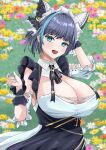  1girl absurdres animal_band animal_ears aqua_eyes ariko0915 arm_garter azur_lane black_hair blush breasts cat_ears cheshire_(azur_lane) cleavage detached_sleeves dress fake_animal_ears field flower flower_field frilled_ribbon frills garter_straps highres large_breasts long_ribbon looking_at_viewer maid maid_headdress multicolored_hair open_mouth puffy_detached_sleeves puffy_sleeves ribbon short_hair smile solo streaked_hair thighhighs white_garter_straps wrist_cuffs 