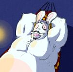 2025 anthro armpit_hair arms_bent belly big_belly black_bow black_facial_hair black_mustache blue_background body_hair chest_tuft colored crossover digital_drawing_(artwork) digital_media_(artwork) english_description eyes_closed facial_hair featureless_chest fur ghost goatee goatee_bow grey_facial_hair grey_goatee grey_hair hair hammock hands_behind_head hybrid lagomorph light lighting long_ears lying lying_on_hammock male male_anthro mammal mario_bros mario_plus_rabbids_kingdom_battle multicolored_body musclegut muscular muscular_anthro muscular_male mustache nintendo noseless obese obese_anthro obese_male on_back overweight overweight_anthro overweight_male pecs phantom_of_the_bwahpera rabbid randomrabbidramblings raving_rabbids rayman_(series) shaded simple_background solo spirit tan_body tan_eyelids tan_inner_ear tan_skin tongue tongue_out tuft two_tone_body ubisoft white_body white_fur