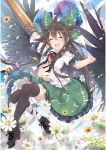  1girl :d ^_^ absurdres ahoge arm_cannon arm_up black_hair black_shoes black_thighhighs black_wings bow cape cape_hold closed_eyes clothing_cutout collared_shirt day falling_petals feathered_wings flower frilled_shirt_collar frilled_skirt frills full_body green_bow green_hair green_ribbon hair_between_eyes hair_bow high_heels highres long_hair neck_ribbon open_clothes open_mouth open_shirt outdoors petals puffy_short_sleeves puffy_sleeves reiuji_utsuho ribbon shirt shoes short_sleeves shoulder_cutout skirt smile solo starry_sky_print teeth thighhighs third_eye touhou toutenkou two-sided_cape two-sided_fabric unbuttoned unbuttoned_shirt upper_teeth_only very_long_hair weapon white_cape white_flower wings yellow_flower 