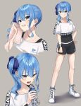  1girl blue_eyes blue_hair bottle collarbone grin hair_ribbon hand_on_own_hip high_tops highres holding holding_bottle holding_towel hololive hololive_dance_practice_uniform hoshimachi_suisei legs looking_at_viewer multiple_views open_mouth ribbon sakurano.neko shoes side_ponytail smile sneakers standing star_(symbol) star_in_eye sweat symbol_in_eye towel virtual_youtuber water_bottle white_shoes wiping_sweat wristband 