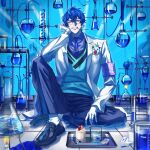  1boy absurdres animal animal_in_clothes aqua_eyes aqua_sweater_vest armband beaker black_shoes blue_hair blue_necktie blue_pants box bunsen_burner coat flask food fork fruit gift gift_box gloves grey_shirt hand_on_own_face happy_birthday highres kayano_(kayanoakira01) lab_coat leos_vincent leos_vincent_(1st_costume) looking_at_viewer male_focus mameneko_(leos_vincent) necktie nijisanji pants pill pinstripe_pants pinstripe_pattern purple_armband shirt shoes short_hair sitting smile solo strawberry teeth tray utensil_in_mouth vial virtual_youtuber white_coat white_gloves 