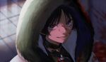  1boy black_bodysuit black_eyes black_hair blood blood_on_clothes blood_on_face blood_on_ground blunt_ends blurry blurry_background bodysuit bright_pupils choppy_bangs coat depth_of_field eyeliner eyeshadow fqczmknaum71262 from_above fur-trimmed_coat fur-trimmed_hood fur_trim genshin_impact gold grin highres hood hood_up hooded_coat jewelry looking_at_viewer makeup making-of_available male_focus mandarin_collar neck_ring parted_bangs portrait procreate_(medium) red_eyeliner red_eyeshadow sanpaku scaramouche_(genshin_impact) smile solo teeth white_coat white_hood white_pupils 