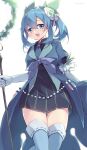  1girl absurdres aqua_thighhighs arm_behind_back aromage_rosemary black_dress blue_eyes blue_hair blue_necktie dress duel_monster elbow_gloves gloves hair_between_eyes hair_ornament highres holding holding_scepter kanzakietc long_hair looking_at_viewer necktie open_mouth scepter short_sleeves simple_background smile solo test_tube thighhighs white_background yu-gi-oh! zettai_ryouiki 