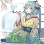  1girl alternate_costume commentary_request floral_print flower full_body ginnkei green_eyes green_hair hair_flower hair_ornament highres holding holding_smoking_pipe japanese_clothes kimono koishi_day komeiji_koishi long_sleeves looking_at_viewer lying on_side one_eye_closed pink_flower signature sitting smoking_pipe touhou yellow_kimono 