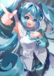  1girl 27_(tsuna) aqua_eyes aqua_hair aqua_nails aqua_necktie arm_up armpits black_skirt black_thighhighs blush breasts commentary detached_sleeves hair_ornament hand_on_own_chest hatsune_miku hatsune_miku_happy_16th_birthday_-dear_creators- headphones highres long_hair long_sleeves looking_at_viewer medium_breasts miniskirt necktie open_mouth shirt skirt sleeveless sleeveless_shirt smile solo thighhighs very_long_hair vocaloid white_shirt wide_sleeves 