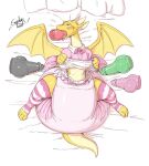 2025 2_horns absurd_res anthro bed big_diaper blush bodily_fluids bow_ribbon clean_diaper clothed clothing clothing_lift colored crossdressing diaper disembodied_penis dragon dress dress_lift eye_roll fellatio frilly frilly_clothing frilly_dress furniture genitals group hi_res horn huge_diaper knot knotted_penis legwear looking_pleasured lying male male/male membrane_(anatomy) membranous_wings mythological_creature mythological_scalie mythology on_back on_bed oral pattern_clothing pattern_legwear pattern_thigh_highs penile penis pink_bow pink_clothing pink_diaper pink_dress pink_legwear pink_thigh_highs saliva scalie sex signature solo_focus sophiepoof striped_clothing striped_legwear striped_thigh_highs stripes thigh_highs wearing_diaper wings yellow_body yellow_skin