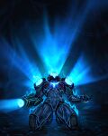  1girl arm_cannon assault_visor blue_theme energy highres kneeling max_kay metroid metroid_prime_3:_corruption ped_suit phazon power_suit_(metroid) samus_aran solo weapon 