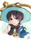  1boy :p black_hair blue_hat bridal_gauntlets closed_mouth cropped_torso genshin_impact hand_up hat highres jingasa looking_at_viewer male_focus purple_eyes rino_cnc scaramouche_(genshin_impact) smile solo tongue tongue_out twitter_username upper_body wanderer_(genshin_impact) white_background 
