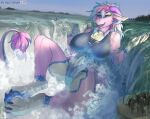 4_toes 5_fingers absurd_res anthro belly big_breasts biped blue_body blue_claws blue_eyes blue_fur blue_hair blue_horn blue_mouth blue_pawpads blue_sclera blue_sky blue_tongue breasts butt claws clothed clothed_anthro clothed_female clothed_macro clothing crowd crowd_watching curved_horn dipstick_ears ear_markings exhibitionism feet female female_anthro finger_claws fingers flowing_water fur group hair hi_res holt-odium horn huge_breasts krystal_(darkmaster781) lake macro macro_anthro macro_female mature_female multicolored_ears navel nipple_outline nipples nipples_through_clothes outside pawpads pink_arms pink_body pink_ears pink_fur pink_hair pink_horn pink_inner_ear pink_legs pink_tail_tuft plant puffy_nipples pupils purple_horn sky slit_pupils solo solo_focus tail tail_hair tail_mane tail_tuft taking_picture toe_claws toes tongue tree tuft water_flowing_down_breasts waterfall waterfall_shower white_belly white_body white_breasts white_butt white_ear_tips white_feet white_fur white_hands wickerbeast