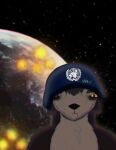 alien anthro armor blank_stare brown_body brown_fur combat_stress cosmic_background explosion floppy_ears fur gojid_(the_nature_of_predators) headgear headgear_only helmet helmet_only hi_res male mammal marines_call_it_that_2000_yard_stare planet quills_(anatomy) solo sovlin_(the_nature_of_predators) space space_background tan_body tan_fur the_nature_of_predators thousand_yard_stare traumatized united_nations