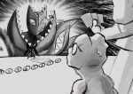  1other abbadomon abbadomon_core agumon capri_(letsseecapri) card digimon digimon_(creature) digimon_card_game extra_mouth gameplay_mechanics greyscale highres holding holding_card menacing monochrome sharp_teeth standing teeth trading_card 