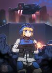  1girl ammunition_belt ammunition_pouch assault_rifle black_gloves blonde_hair blue_eyes bullpup cityscape commentary difman english_commentary gloves goggles goggles_on_headwear gun helldivers_(series) helmet highres illuminate_(helldivers) military_uniform pelican_1_(helldivers) pouch rifle seaf_soldier_(helldivers) signature solo spacecraft sweat thrusters weapon 