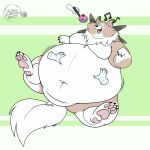 1:1 2025 belly belly_rub big_belly chubby_cheeks cupcake disembodied_hand double_chin dralffeine eyes_closed feeding feral food fur generation_7_pokemon ghost_hand hi_res huge_belly lycanroc male motion_lines murdock&#039;s_lycanroc musical_note musical_symbol navel neck_tuft nintendo obese obese_feral open_mouth overweight overweight_feral pawpads pink_pawpads pink_tongue pokemon pokemon_(species) simple_background solo stylus symbol tan_body tan_fur tongue tuft white_belly