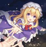  :o blonde_hair blurry blurry_foreground blush bow bowtie commentary_request depth_of_field dress eyebrows_visible_through_hair frilled_shirt_collar frilled_sleeves frills hat leg_up long_hair looking_at_viewer maribel_hearn mob_cap nagisa3710 night night_sky open_mouth out_of_frame outstretched_arm purple_dress purple_eyes reaching red_bow red_neckwear sky socks solo_focus star star_(sky) starry_sky touhou white_legwear 