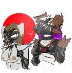 animal_mask anthro bdsm blonde_hair bondage border_collie bound breasts brown_body brown_fur canid canine canis clothing collar collie digital_media_(artwork) domestic_dog dominant dominant_female duo eldridge_moran female fur hair herding_dog heterochromia hi_res leash male mammal marta_moran mask nipples nookiyaaa nude pastoral_dog petplay pup_mask puppyplay restrained roleplay service_top_harness sheepdog simple_background submissive submissive_male white_body white_fur