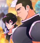  2boys black_eyes black_hair black_shirt closed_mouth collarbone collared_jacket collared_shirt comettron commentary_request crew_neck girl_staring_at_guy&#039;s_chest_(meme) hair_behind_ear hair_between_eyes jacket keith_(voltron) korean_commentary large_pectorals looking_down male_focus meme multicolored_hair multiple_boys open_clothes open_jacket pectorals popped_collar red_jacket scar scar_on_face shirt short_hair short_sleeves sideburns takashi_shirogane twitter_username two-tone_hair voltron:_legendary_defender voltron_(series) white_hair 