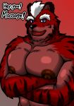  abs areola big_nipples black_nose blue_eyes brown_nipples dialogue english_text eyebrows feline fur hair looking_at_viewer male mammal muscular muscular_male nipples open_mouth oraora pecs red_fur sheerheart short_hair solo stripped_fur text tiger tongue white_hair 