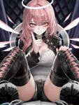  1girl 1other absurdres angel_wings arknights artist_name black_boots black_jacket black_shoes black_shorts blush boots breasts bullet_earrings buttons cleavage collar collarbone_peek collared_jacket commentary crotch detached_wings dot_nose earrings energy_wings eyeliner fingernails hair_between_eyes halo hand_on_own_knee hand_on_own_leg hand_up highres index_finger_raised jacket jewelry knees_up lace-up_boots large_breasts legs lemuen_(arknights) long_hair looking_at_viewer makeup mildt o-ring_collar open_clothes open_jacket paid_reward_available parted_lips pink_eyeliner pink_eyes pink_hair pointing pointing_up pov shirt shoe_soles shoes short_shorts shorts signature sitting sitting_on_person spread_legs straight-on teeth thigh_boots thighs traditional_halo white_collar white_halo white_shirt white_wings wing_collar wings zipper zipper_pull_tab 