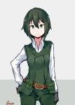  absurdres belt black_gloves breasts contrapposto gloves green_eyes green_hair green_vest hair_between_eyes hand_on_own_chest highres kino kino_no_tabi long_sleeves short_hair small_breasts tegar32 tomboy vest 