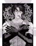  1boy armor bare_shoulders blood blood_from_eyes blood_on_arm blood_on_face cahara_(fear_&amp;_hunger) collarbone doll elbow_gloves fear_&amp;_hunger_(series) fear_&amp;_hunger_1 flower fold-over_gloves gloves hashtag-only_commentary highres holding holding_doll holding_knife knife leather_armor lying male_focus monochrome muscular muscular_male on_back parted_lips sepia short_hair solo takenoko_gungun 