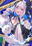  1girl black_hair black_nails black_ribbon blue_eyes blue_fire blue_hair blue_ribbon breasts cleavage colored_inner_hair cross cross_necklace crystal_hair_ornament evil_smile fire first_stage_production frilled_sleeves frills ghost grey_hair hair_over_one_eye hair_ribbon highres jewelry long_sleeves looking_at_viewer mascot medium_hair multicolored_hair necklace open_mouth picture_frame ribbon sakasa._(sakasailst) shirt single_sleeve_past_fingers sleeves_past_fingers sleeves_past_wrists smile streaked_hair virtual_youtuber white_shirt yuyu_yura 