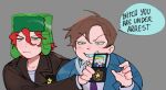  2boys ahoge black_eyes blue_jacket brown_hair brown_jacket closed_mouth collared_shirt curly_hair english_commentary english_text eric_cartman evil_smile green_eyes green_hat grey_background hair_between_eyes hand_up hat holding holding_id_card id_card jacket kyle_broflovski lapels long_sleeves looking_afar male_focus multiple_boys necktie open_clothes open_jacket purple_necktie red_hair shirt sillymechi simple_background smile south_park speech_bubble star_(symbol) star_print suit_jacket t-shirt teeth upper_body v-shaped_eyebrows white_shirt 