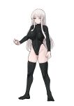  1girl ;) absurdres black_leotard black_thighhighs breasts bright_pupils clenched_hand commission covered_navel english_commentary full_body groin_tendon highleg highleg_leotard highres k0ng large_breasts leotard light_blush long_hair long_sleeves looking_at_viewer no_shoes one_eye_closed original outstretched_arm red_eyes sidelocks skin_tight smile solo standing thighhighs tsurime turtleneck turtleneck_leotard very_long_hair white_background white_hair white_pupils 