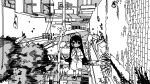  1girl absurdres building emesan_desu fish greyscale highres holding holding_umbrella long_hair long_sleeves monochrome mushroom_on_head outdoors road shimeji_simulation sitting skirt solo street surreal tree tsukishima_shijima umbrella very_long_hair wide_shot 