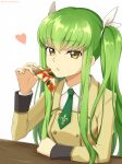  ashford_academy_uniform bangs bow brown_eyes c.c. code_geass eyebrows_visible_through_hair food green_hair green_neckwear hair_bow heart holding holding_food jacket long_hair necktie open_mouth pizza print_neckwear setu_kurokawa shiny shiny_hair simple_background solo twintails upper_body very_long_hair white_background white_bow yellow_jacket 