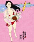  1girl absurdres artist_logo barefoot bikini black_hair breasts cleavage collarbone commentary curry curry_rice eating english_commentary food highres holding holding_plate holding_spoon island kanagawa logo looking_to_the_side ocean original plate red_bikini rice sei5osuzuki side-tie_bikini_bottom solo spoon standing surfboard swimsuit torii wind 