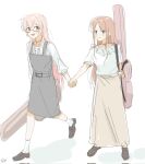  2girls bang_dream! bang_dream!_it&#039;s_mygo!!!!! blush brown_hair brown_skirt chihaya_anon commentary_request dress fang glasses grey_dress grey_eyes guitar_case haidao_mao highres holding_hands instrument_case long_hair multiple_girls nagasaki_soyo open_mouth parted_lips pinafore_dress pink_hair shirt sidelocks simple_background skirt sleeveless sleeveless_dress white_background white_shirt 