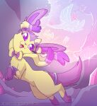 2019 accessory action_pose eeveelution female feral fuf furgonomics generation_6_pokemon hi_res illusion jewelry leg_markings looking_aside magic markings nintendo open_mouth pink_markings pink_nose pokemon pokemon_(species) pose purple_eyes quadruped ribbons_(anatomy) ring side_view socks_(marking) solo sylveon tail tail_accessory tail_jewelry tail_ring tongue yellow_body