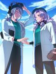  2girls aqua_shirt ball baseball_(object) baseball_helmet baseball_mitt belt black_ribbon black_undershirt blue_sky cloud coat drill_hair green_hat grey_hair hair_over_shoulder hair_ribbon hat helmet highres higuchi_kaede holding holding_ball hyakumantenbara_salome kayano_(kayanoakira01) long_hair looking_at_another multiple_girls nijisanji open_clothes open_coat purple_eyes purple_hair ribbon shirt shirt_tucked_in sky smile sweat virtual_youtuber white_coat wristband 