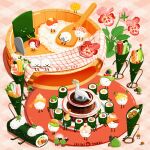  artist_name bento bird closed_eyes ehoumaki fish_(food) flower food food_focus green_tea hat issiki_toaki makizushi no_humans omelet onigiri original plate rice shrimp spoon sushi tamagoyaki tea twitter_username 