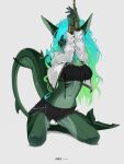 3:4 anthro arm_fin athletic athletic_anthro athletic_female aurora_(kamikazekit) belly black_sclera bottomwear bound breasts captured casual_clothing chain chained cleavage clothed clothing crop_top cuff_(restraint) curvy_figure drawstring drawstring_topwear ear_piercing female fin fin_markings fin_piercing fish fishnet_clothing furgonomics furry-specific_piercing green_body green_eyes green_skin hair hale. hands_above_head hi_res hip_markings hotpants hourglass_figure inner_thigh jacket keychain kneeling leg_markings leg_muscles looking_at_viewer marine markings medium_breasts messy_hair midriff multicolored_hair multicolored_markings narrowed_eyes navel non-mammal_breasts one_eye_obstructed pants_chain piercing pocket_chain restraints shark shirt shorts simple_background small_waist solo spread_legs spreading tail tail_fin topwear tube_top white_clothing wide_hips wrist_cuffs wrists_together zipper