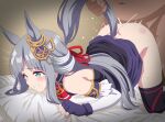  1boy 1girl animal_ears black_thighhighs blue_eyes chrono_genesis_(umamusume) clenched_teeth commentary_request crying crying_with_eyes_open cum cum_overflow doggystyle eufoniuz fingerless_gloves gloves grey_hair hetero highres horse_ears horse_girl horse_tail long_hair paid_reward_available parted_lips sex sex_from_behind sheet_grab tail tail_grab tears teeth thighhighs umamusume 