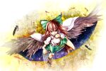  1girl arm_cannon asymmetrical_footwear black_feathers black_wings bow breasts brown_eyes brown_hair cape commentary_request feathers full_body green_bow green_skirt hair_bow large_breasts long_hair looking_at_viewer mismatched_footwear reiuji_utsuho shirt skirt solo third_eye touhou umigarasu_(kitsune1963) v-shaped_eyebrows weapon white_cape white_shirt wings 
