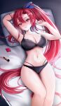  1girl absurdres azur_lane black_bra blush bow bow_bra bra breasts cleavage collarbone come_hither commission condom condom_wrapper highres lace-trimmed_bra lace_trim large_breasts linea_alba lipstick long_hair looking_at_viewer lying makeup navel on_back on_bed panties parted_lips pixiv_commission red_eyes red_hair smile stomach underwear underwear_only very_long_hair wichita_(azur_lane) wo_meiyou_mao 