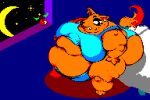 3:2 anthro apple bed bedroom big_breasts bodily_fluids bra breasts bucklerparry canid canine clothing digital_media_(artwork) ear_piercing ear_ring eyeliner female food fox fruit fur furniture huge_breasts immobile makeup mammal mascara morbidly_obese night obese orange_body orange_fur overweight panties piercing pixel_(artwork) plant red_fox ring_piercing solo sweat sweatdrop true_fox underwear worried worried_look